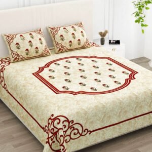 Exquisite print in magenta on yellow premium cotton bedsheet and two pillow covers