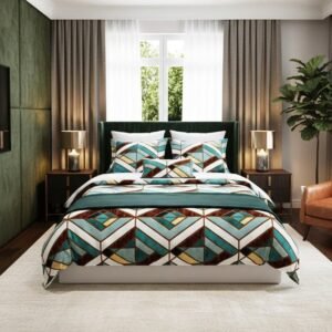 Supersoft warm geometric design bedsheet and  pillow covers in beautiful shades of turquoise, brown, cream and white