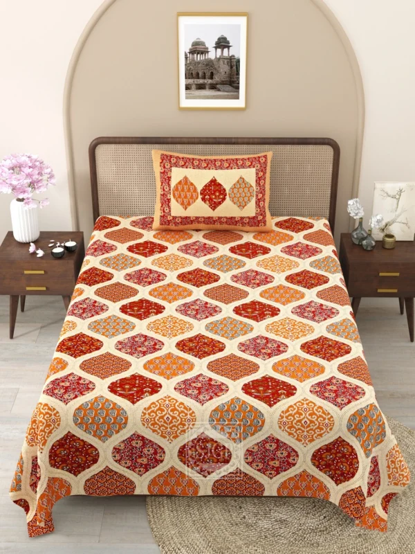 ajrak cotton single bedsheet orange cream red