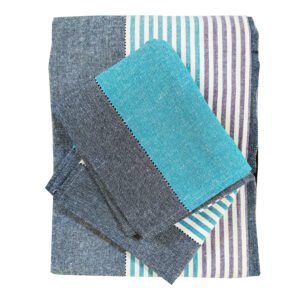 striped design im blue, grey and white on cotton handloom double bedsheet with two pillow covers