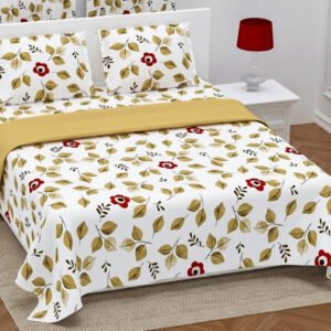 Exquisite print in maroon and mustard on white premium cotton bedsheet and two pillow covers