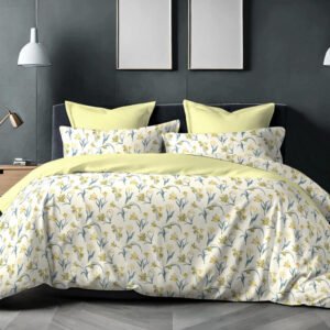 Exquisite print in pastel yellow on white double bedsheet and two pillow covers in super premium percale cotton