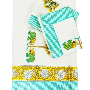 yellow green elephant print handblock double bedsheet