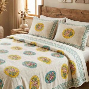 Exquisite handblock print on Jute Linen bedcover in shades of yellow and turquoise on cream and two pillow covers