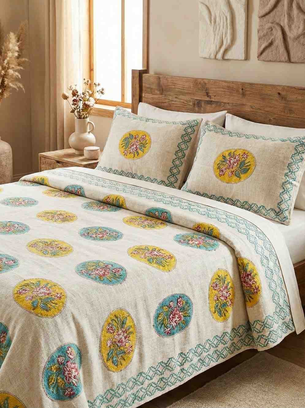 Exquisite handblock print on Jute Linen bedcover in shades of yellow and turquoise on cream and two pillow covers - Image 2