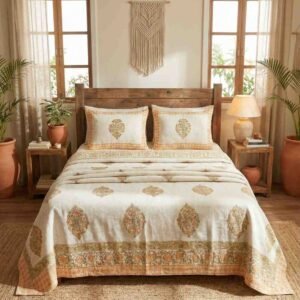 Exquisite handblock print on Jute Linen bedcover in shades of orange and green on cream and two pillow covers