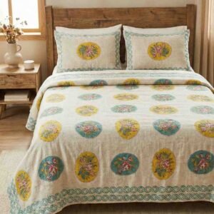 Exquisite handblock print on Jute Linen bedcover in shades of yellow and turquoise on cream and two pillow covers