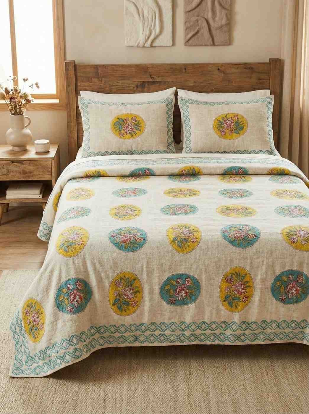 Exquisite handblock print on Jute Linen bedcover in shades of yellow and turquoise on cream and two pillow covers