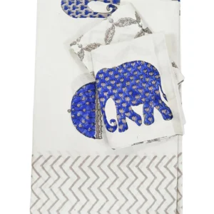 blue white elephant print handblock double bedsheet