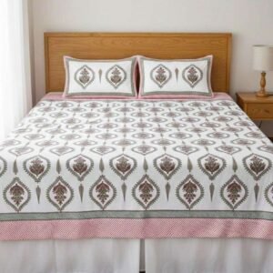 Exquisite moghul print in pink and grey on white on premium cotton double bedsheet and two pillow covers