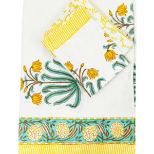 YELLOW GREEN WHITE HANDBLOCK BEDSHEET