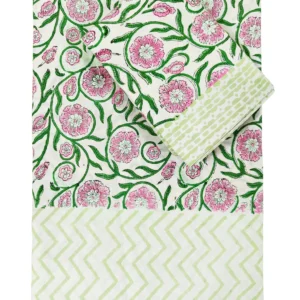 pink green white handblock double bedsheet