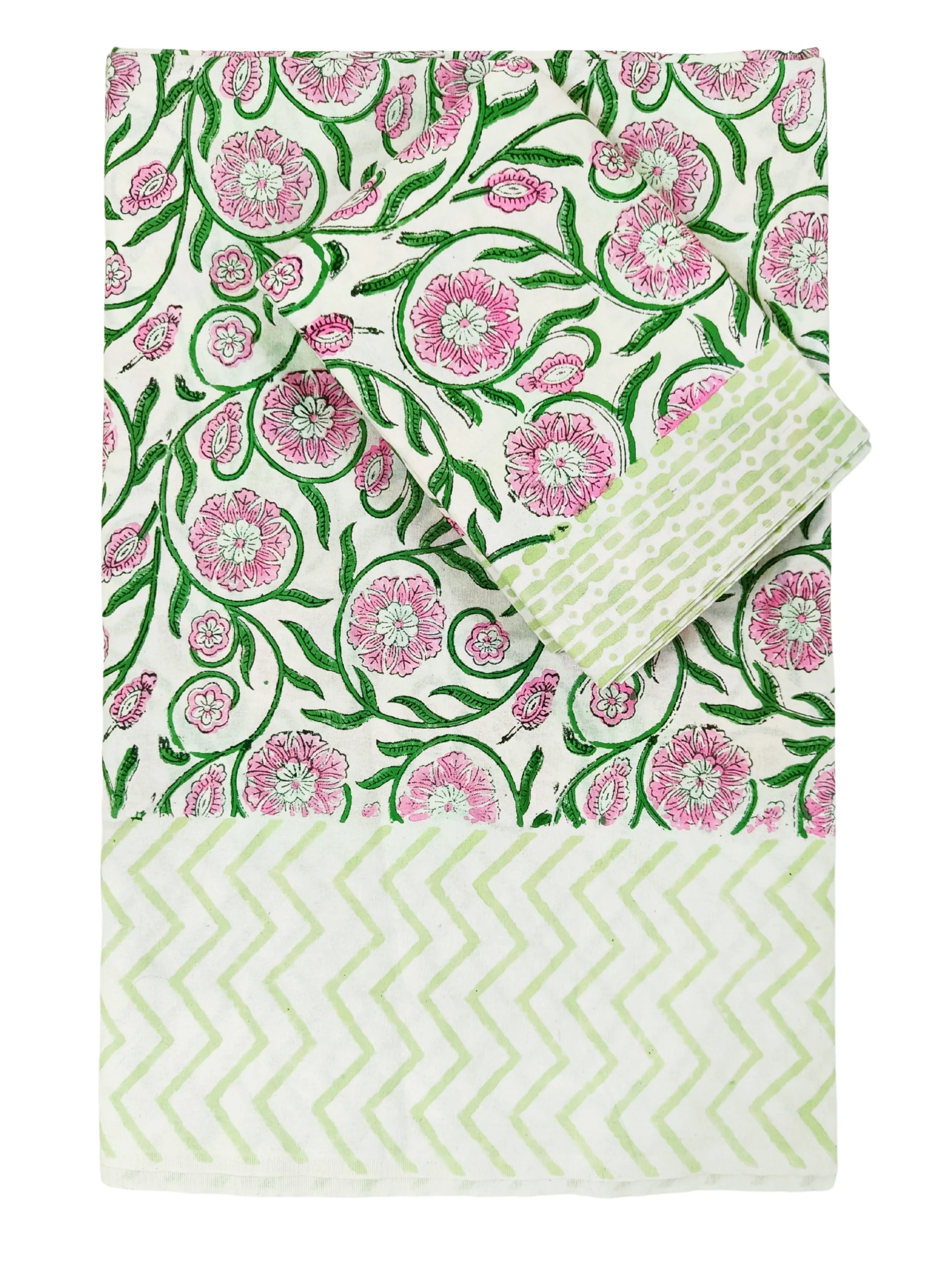 pink green white handblock double bedsheet
