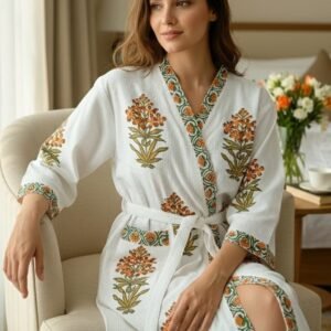 Exquisite handblock print in orange and brown on white waffle cotton unisex bathrobe