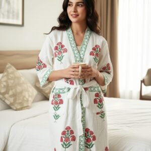 Exquisite handblock booti print in pink and green on white waffle cotton unisex bathrobe