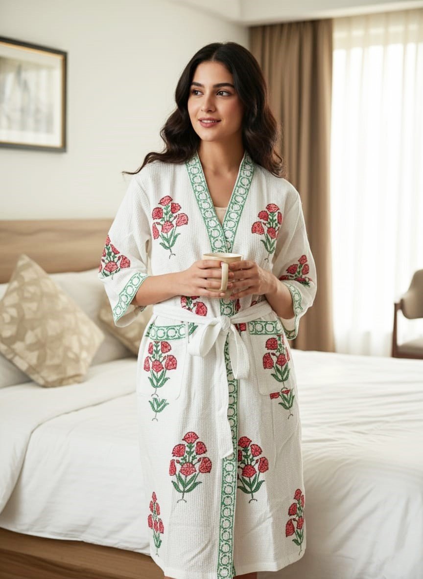 Exquisite handblock booti print in pink and green on white waffle cotton unisex bathrobe