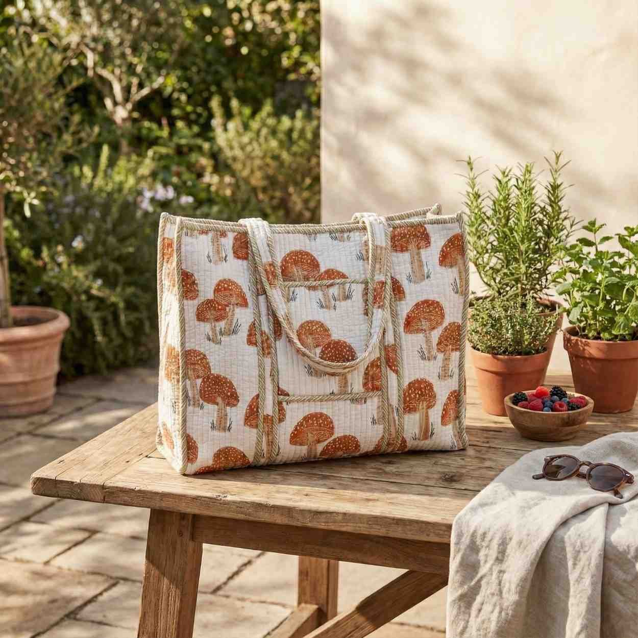 Exquisite quilted tote bag in pure cotton in cream and brown - Image 2