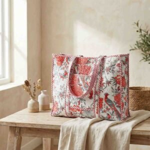 Exquisite quilted tote bag in pure cotton in cream and orange