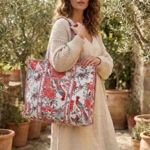 Exquisite quilted tote bag in pure cotton in cream and orange