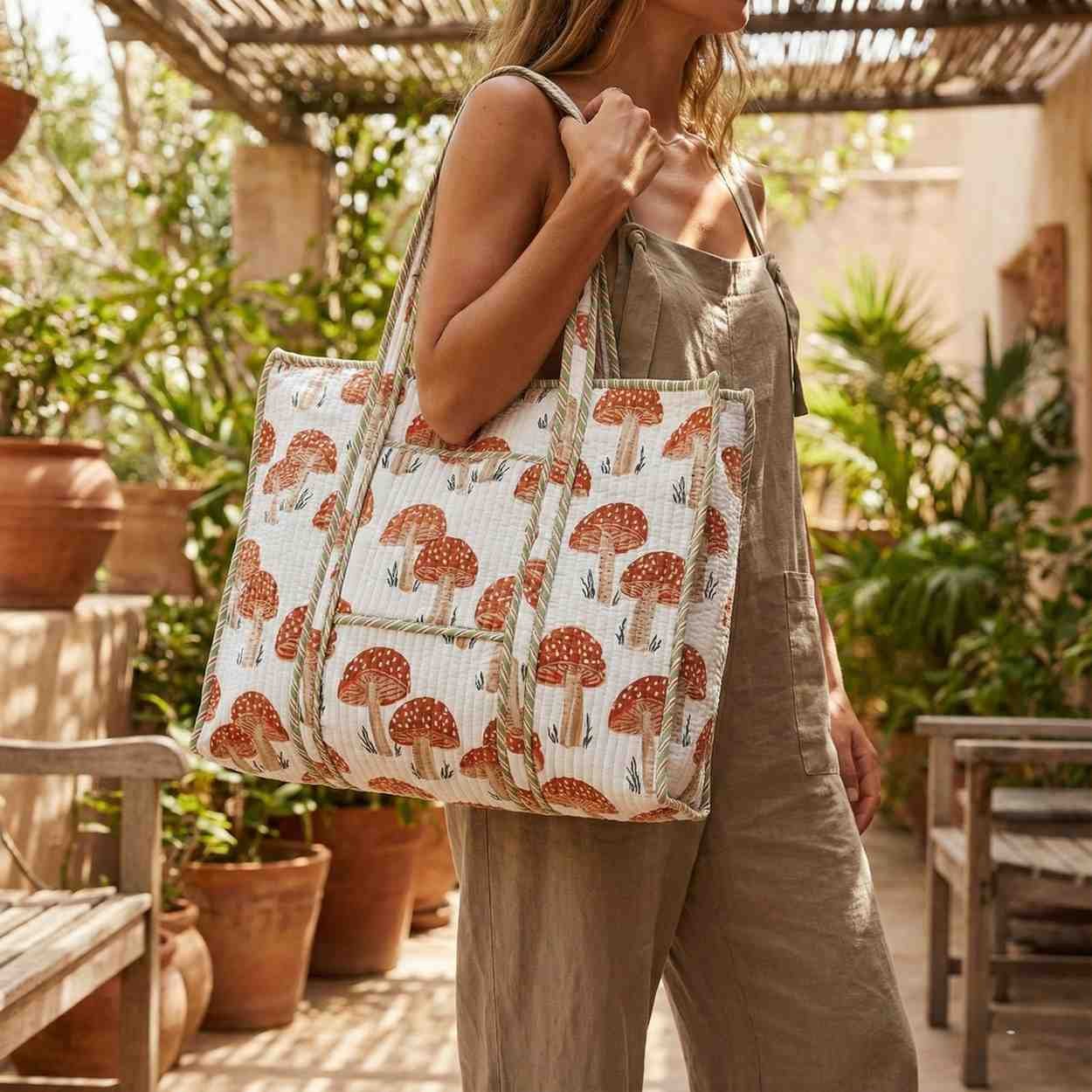 Exquisite quilted tote bag in pure cotton in cream and brown