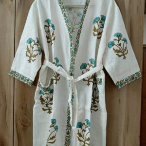 Exquisite handblock print in blue on white waffle cotton unisex bathrobe