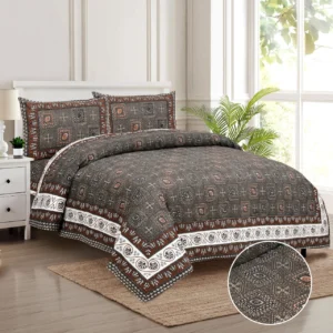 Exquisite kantha print on light brown double bedsheet and two pillow covers