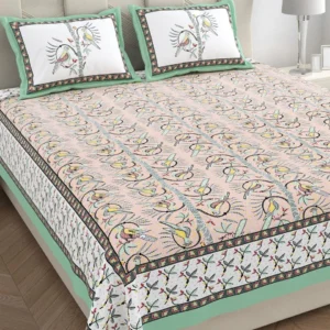 green_beige_bird_print_cotton_double_bedsheet
