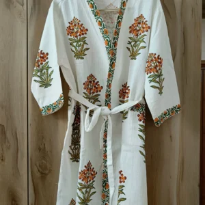 orange_handblock_bathrobe_white_waffle_cotton