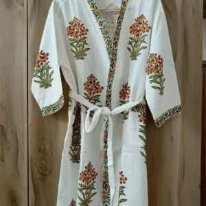 Exquisite handblock print in orange and brown on white waffle cotton unisex bathrobe