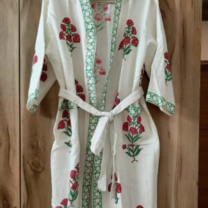 Exquisite handblock booti print in pink and green on white waffle cotton unisex bathrobe