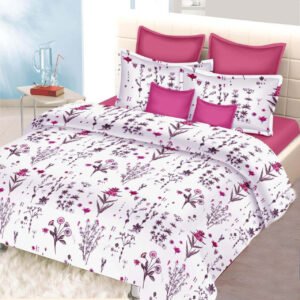 Exquisite floral print in shades of pink on pure cotton double bedsheet and two pillow covers