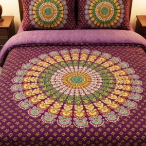 Mandala traditional print in multiple colours on maroon double bedsheet and two pillow covers