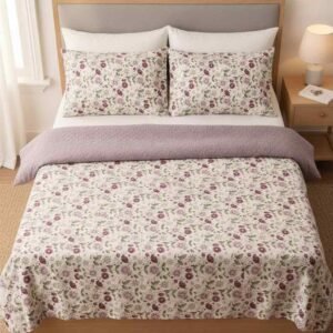 Exquisite floral print in pink and brown on peach pure cotton double bedsheet and two pillow covers