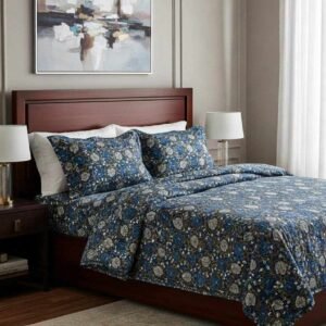 Exquisite ajrak neptol print in shades of blue and white pure cotton double bedsheet and two pillow covers