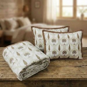 Exquisite moghul print in brown on cream quilted, reversible bedcover and two quilted pillow covers