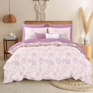 Exquisite floral print in white on mauve on double bedsheet and two pillow covers