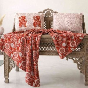 Exquisite floral print in red and beige cotton double bedsheet and two pillow covers
