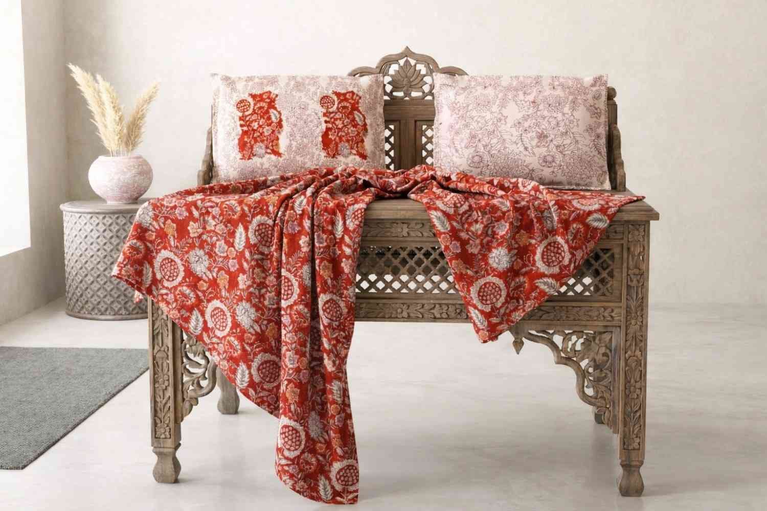 Exquisite floral print in red and beige cotton double bedsheet and two pillow covers