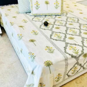 Exquisite print in yellow on white premium cotton double bedsheet and two pillow covers
