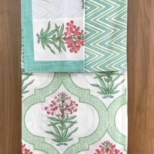 Exquisite print in orange and turquoise on white premium percale cotton double bedsheet and two pillow covers