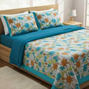 Exquisite floral print in orange, pink and green on grey premium cotton double bedsheet and two pillow covers