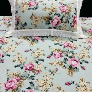 Exquisite floral print in pink on green pure cotton double bedsheet and two pillow covers decorated with beautiful double lace