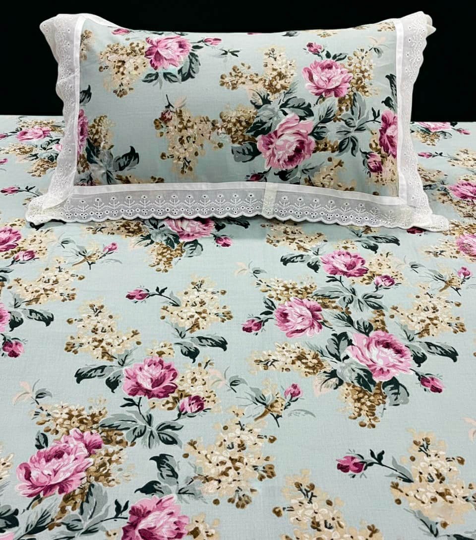 Exquisite floral print in pink on green pure cotton double bedsheet and two pillow covers decorated with beautiful double lace - Image 2