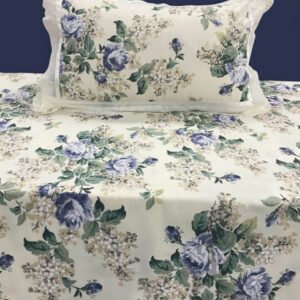 Exquisite floral print in blue on cream pure cotton double bedsheet and two pillow covers decorated with beautiful double lace