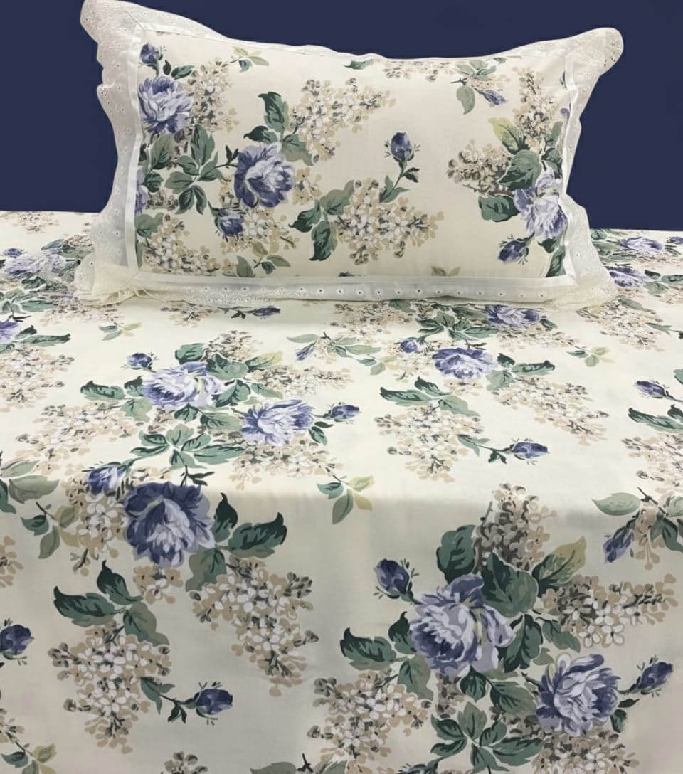 Exquisite floral print in blue on cream pure cotton double bedsheet and two pillow covers decorated with beautiful double lace - Image 2