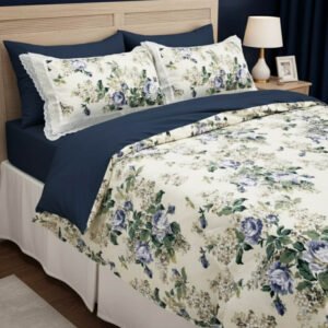 Exquisite floral print in blue on cream pure cotton double bedsheet and two pillow covers decorated with beautiful double lace