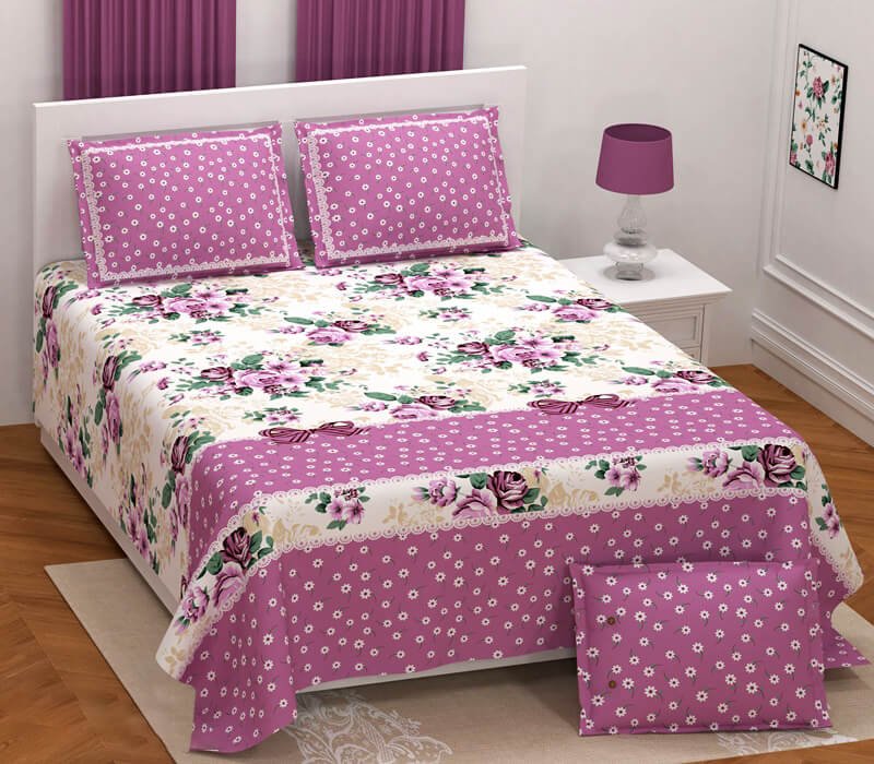 Exquisite pink on white floral premium twill cotton double bedsheet with two pillow covers