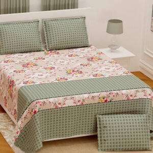 Exquisite green on cream floral premium twill cotton double bedsheet with two pillow covers