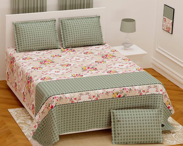 Exquisite green on cream floral premium twill cotton double bedsheet with two pillow covers