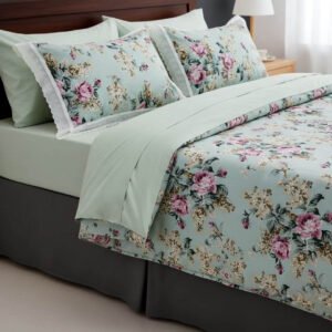 Exquisite floral print in pink on green pure cotton double bedsheet and two pillow covers decorated with beautiful double lace